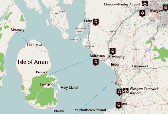 Arran and it's nearer environment, showing up to Glasgow with roads, rail stations, ferries and airports.